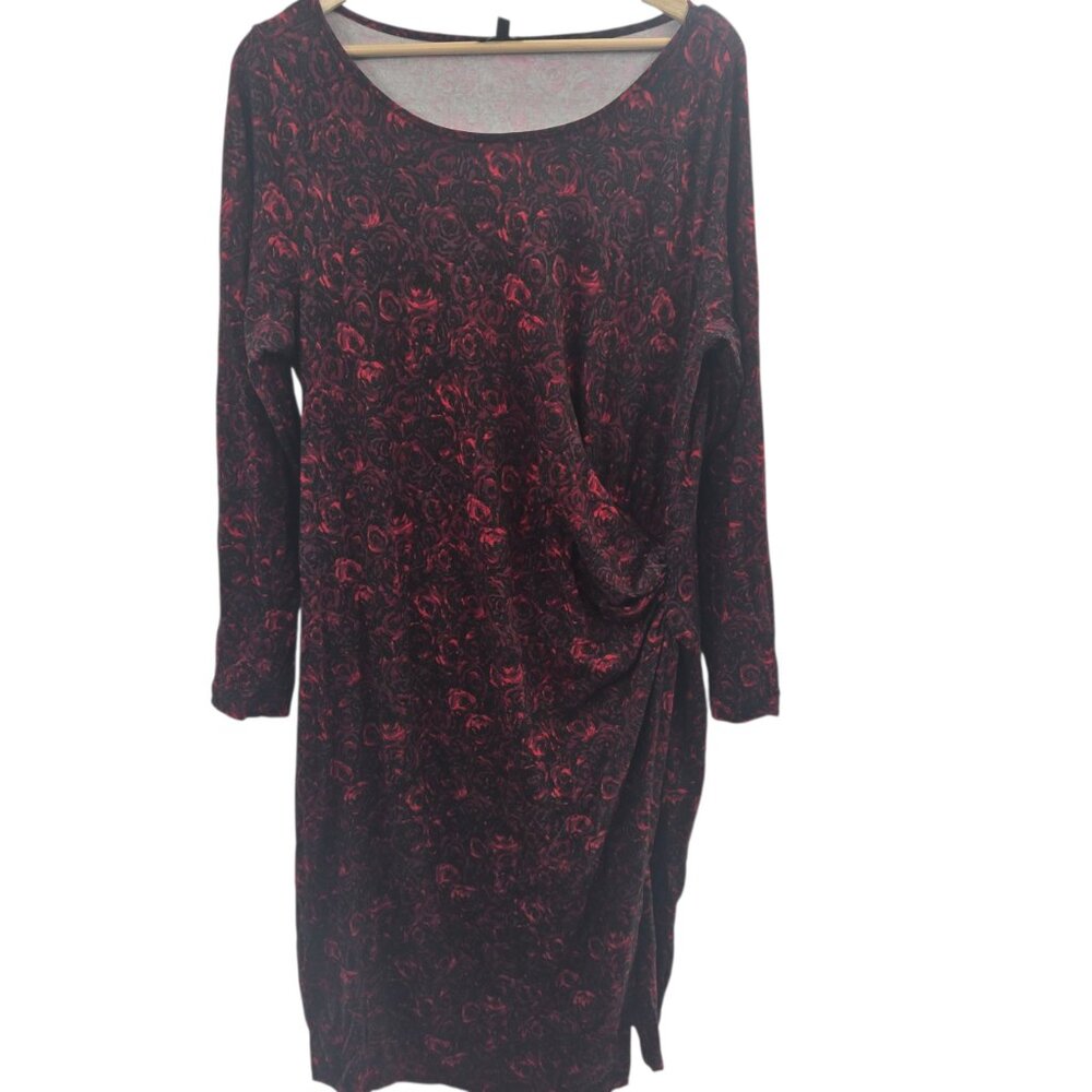 Talbots Red Floral Rose Side Cinched Sheath Long Sleeved Midi Dress